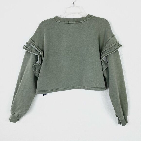 7 For All Mankind Green Ruffled Shoulder Cropped Sweatshirt - Picture 4 of 8